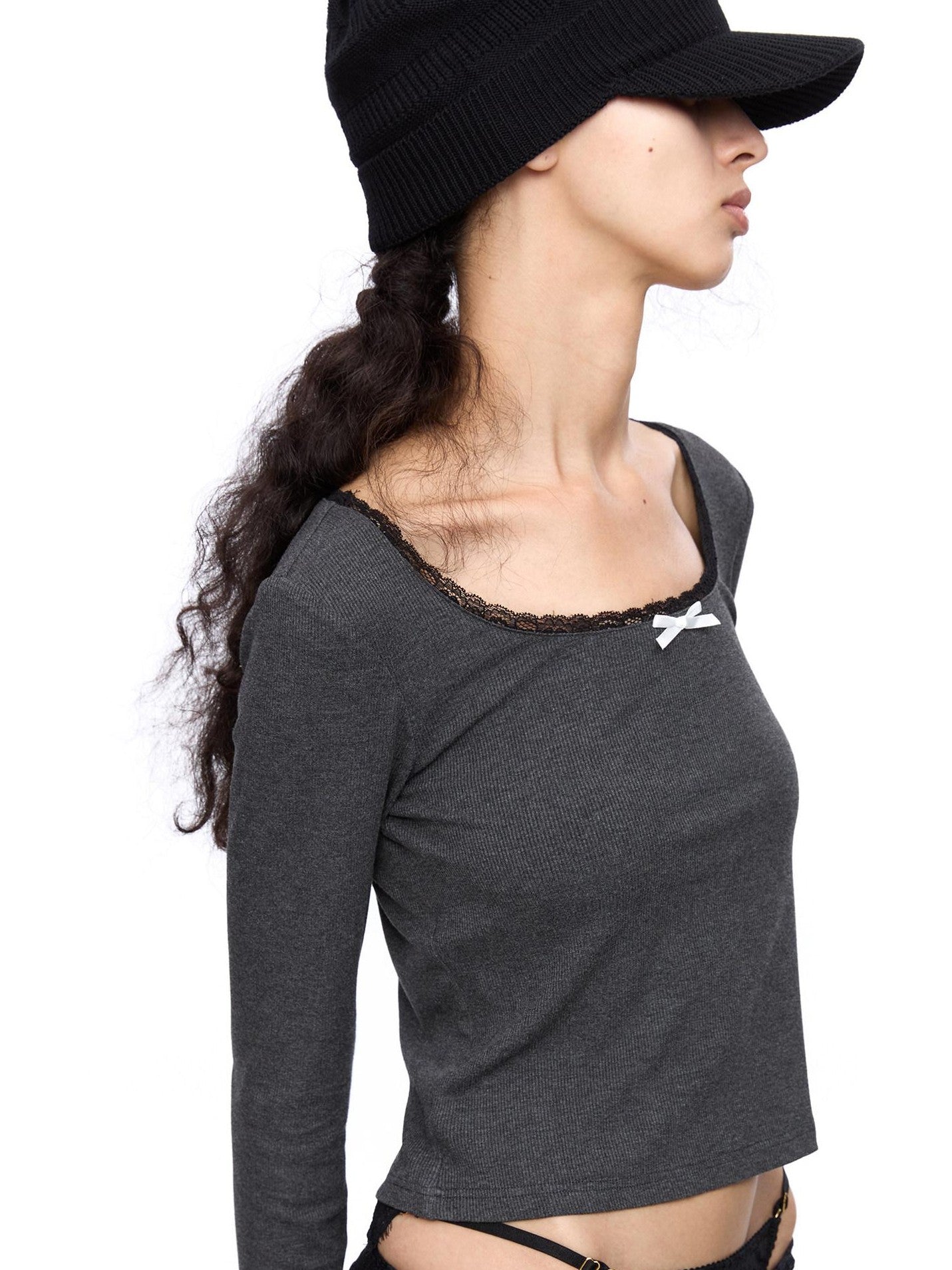 LYUOCHENG Square Neck Lace Spliced Bow Women&