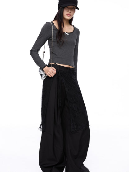 LYUOCHENG Square Neck Lace Spliced Bow Women&
