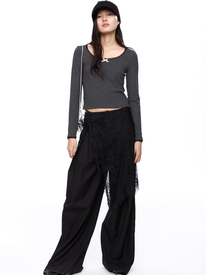 LYUOCHENG Square Neck Lace Spliced Bow Women&