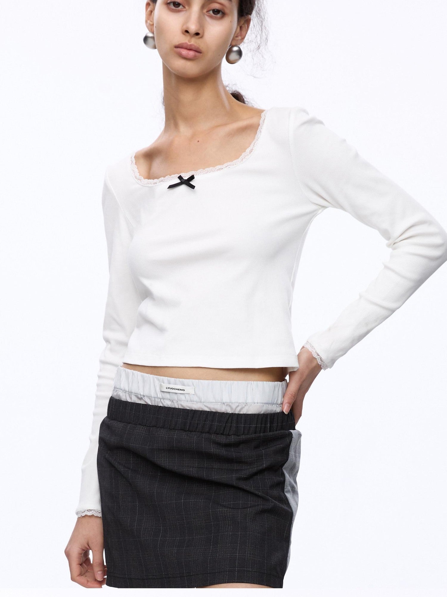 LYUOCHENG Square Neck Lace Spliced Bow Women&