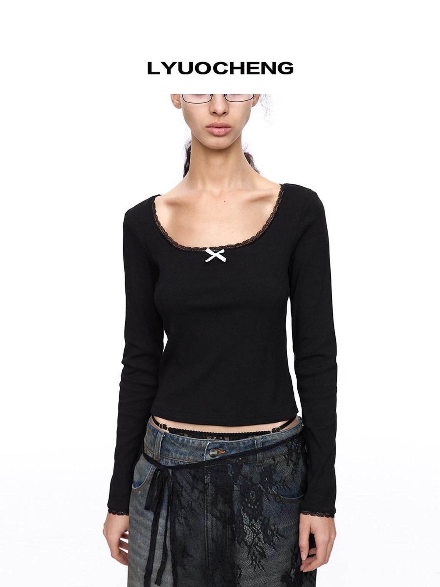 LYUOCHENG Square Neck Lace Spliced Bow Women&