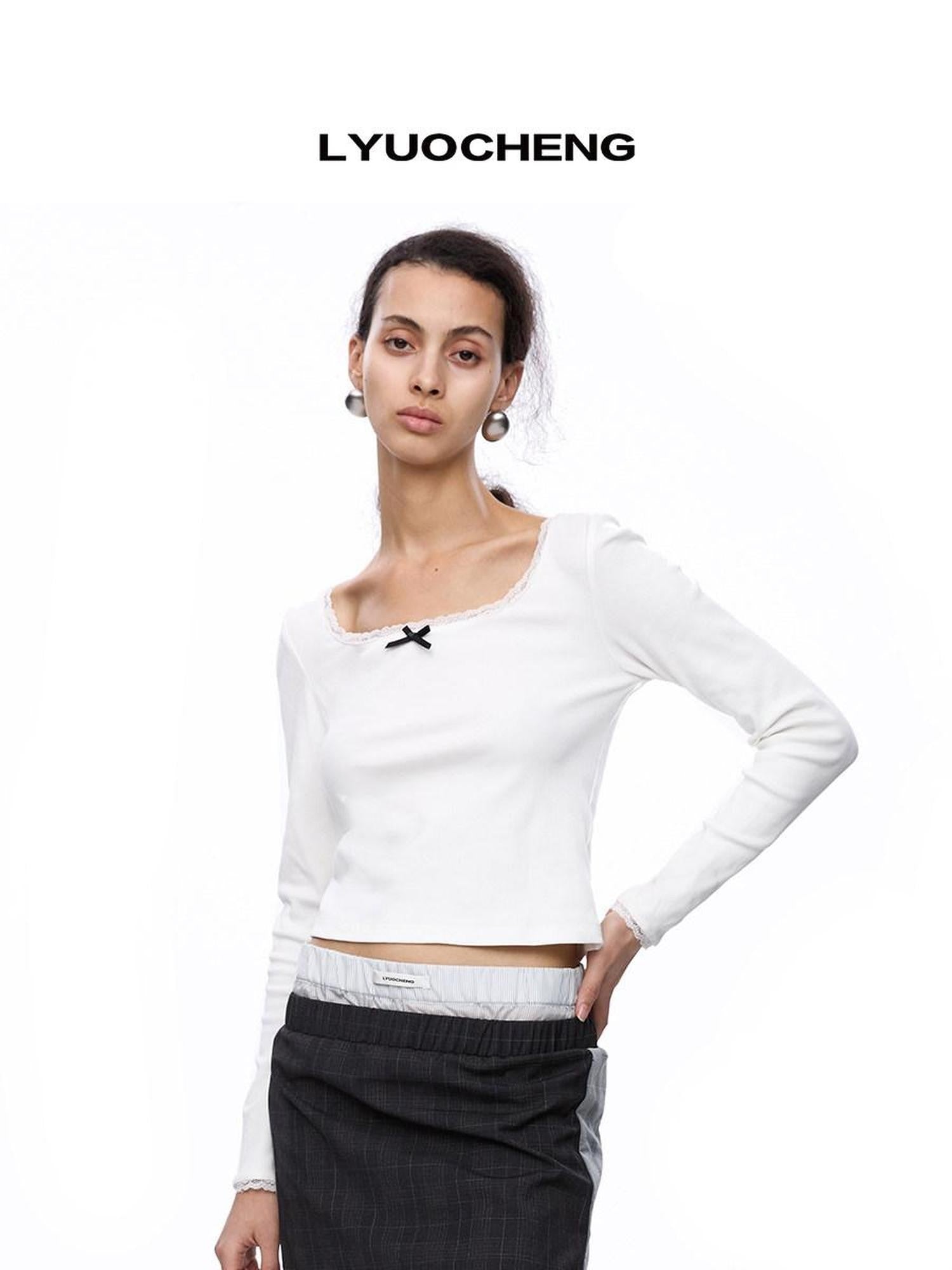 LYUOCHENG Square Neck Lace Spliced Bow Women&