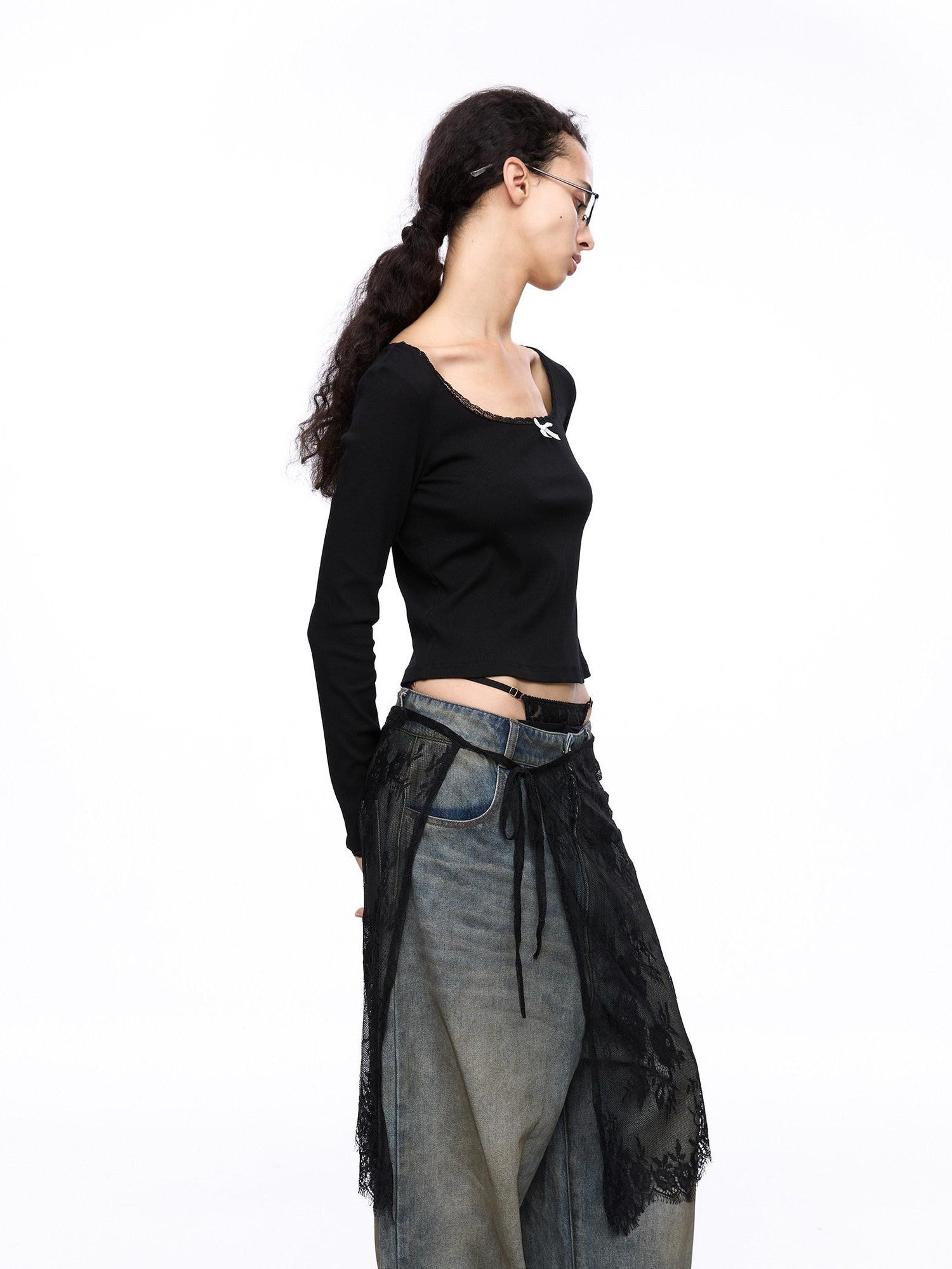 LYUOCHENG Square Neck Lace Spliced Bow Women&
