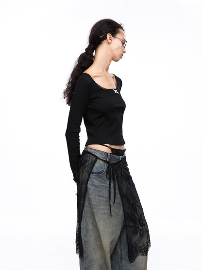 LYUOCHENG Square Neck Lace Spliced Bow Women&