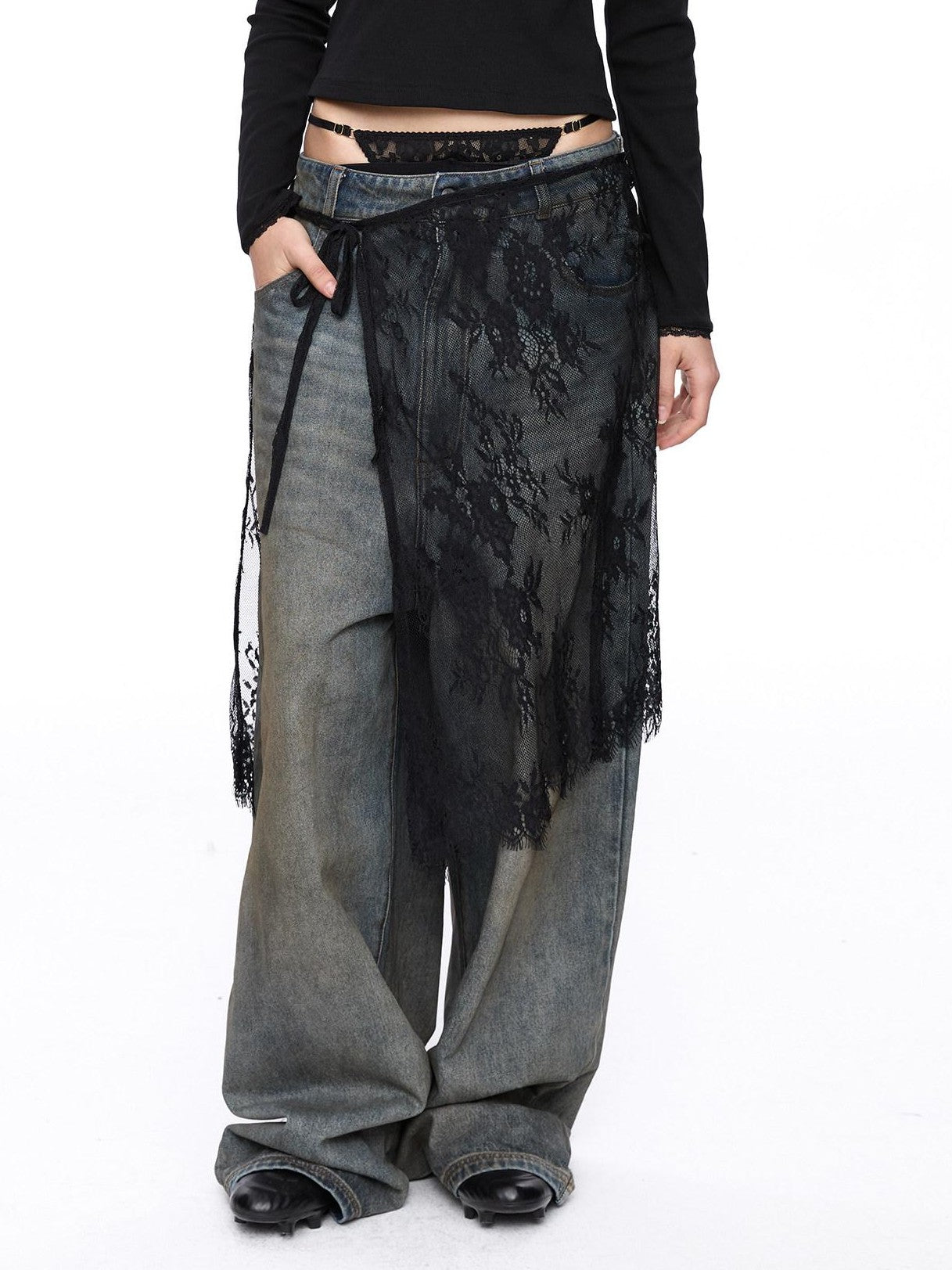 LYUOCHENG Square Neck Lace Spliced Bow Women&