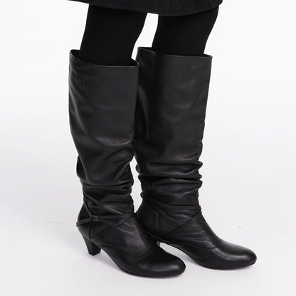 LYUOCHENG_Stacked_Fold_Retro_Round_Toe_Leather_Mid_Heel_Boots_MISSTT