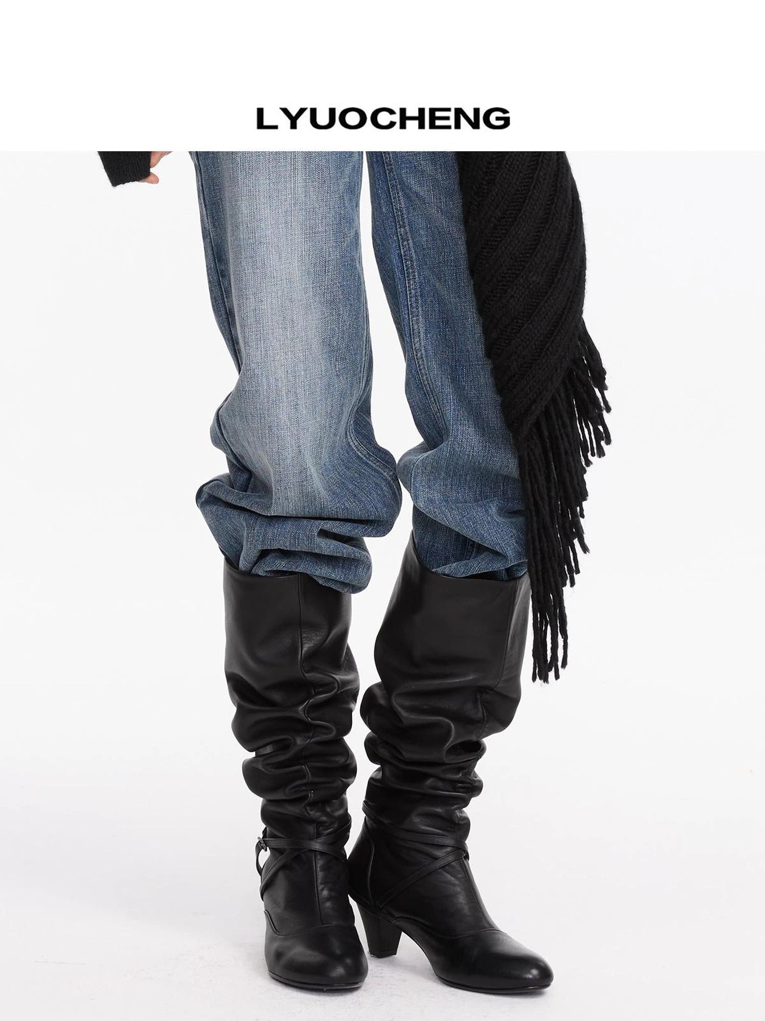 LYUOCHENG Stacked Fold Retro Round Toe Leather Mid Heel Boots