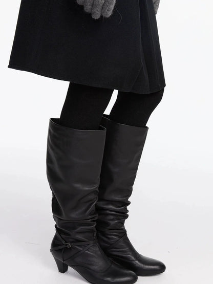 LYUOCHENG Stacked Fold Retro Round Toe Leather Mid Heel Boots