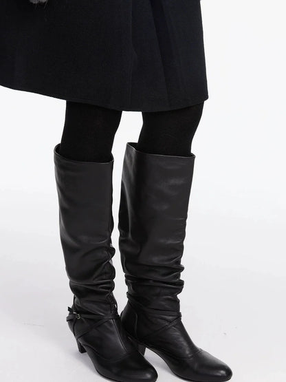 LYUOCHENG Stacked Fold Retro Round Toe Leather Mid Heel Boots
