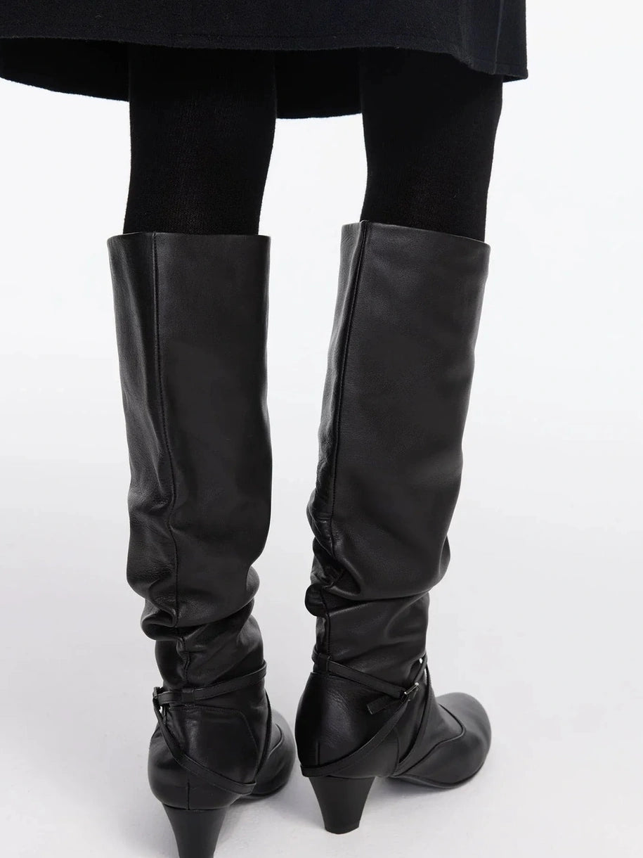 LYUOCHENG Stacked Fold Retro Round Toe Leather Mid Heel Boots