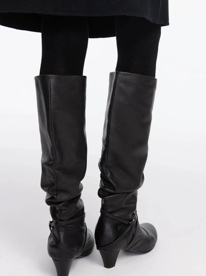 LYUOCHENG Stacked Fold Retro Round Toe Leather Mid Heel Boots