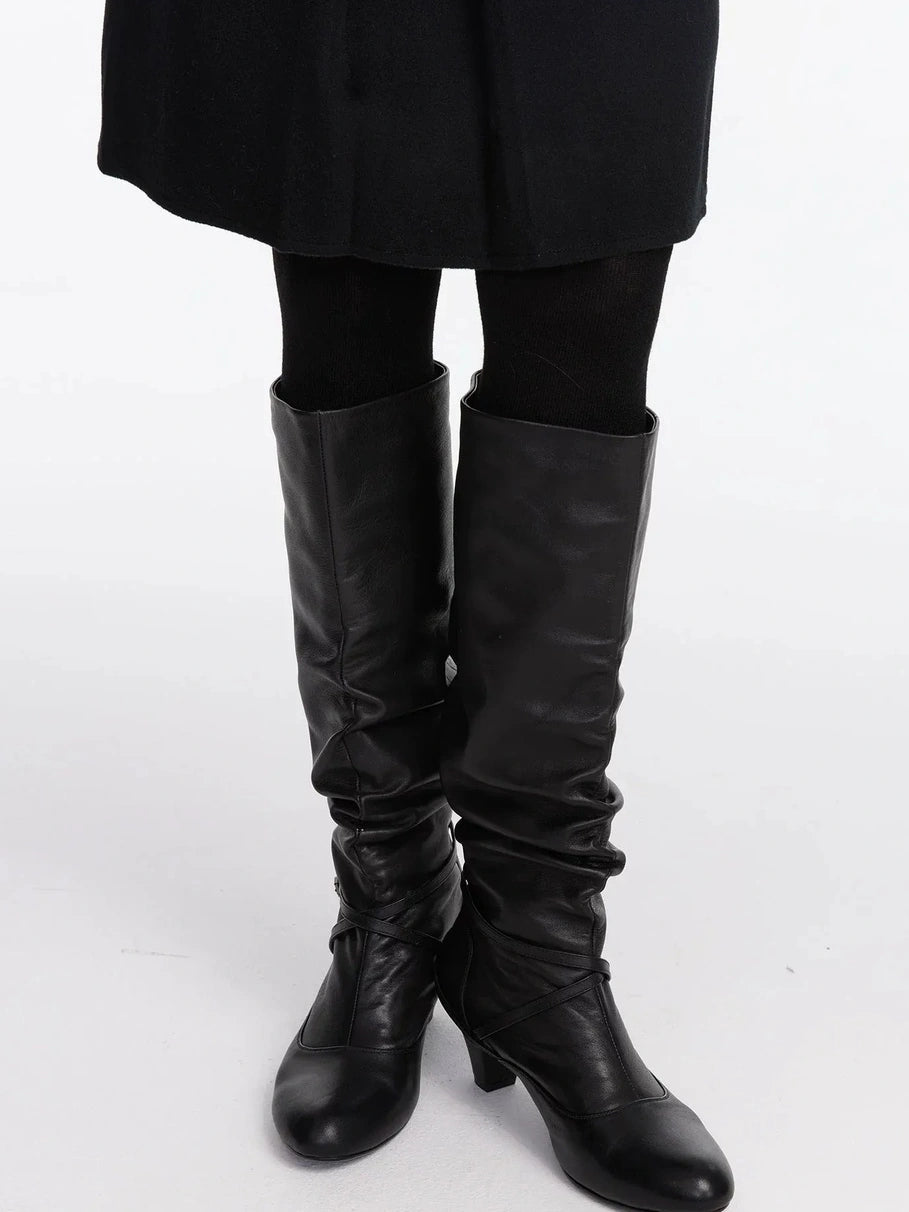 LYUOCHENG Stacked Fold Retro Round Toe Leather Mid Heel Boots