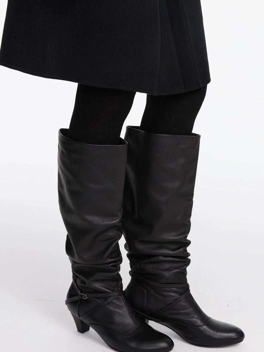 LYUOCHENG Stacked Fold Retro Round Toe Leather Mid Heel Boots