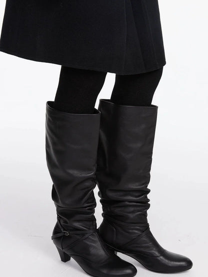 LYUOCHENG Stacked Fold Retro Round Toe Leather Mid Heel Boots