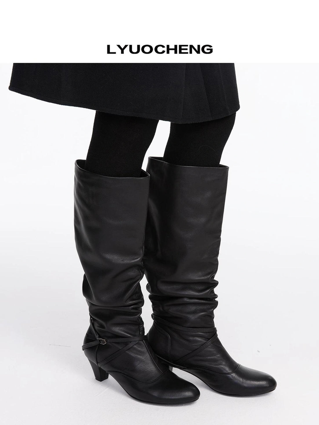 LYUOCHENG Stacked Fold Retro Round Toe Leather Mid Heel Boots