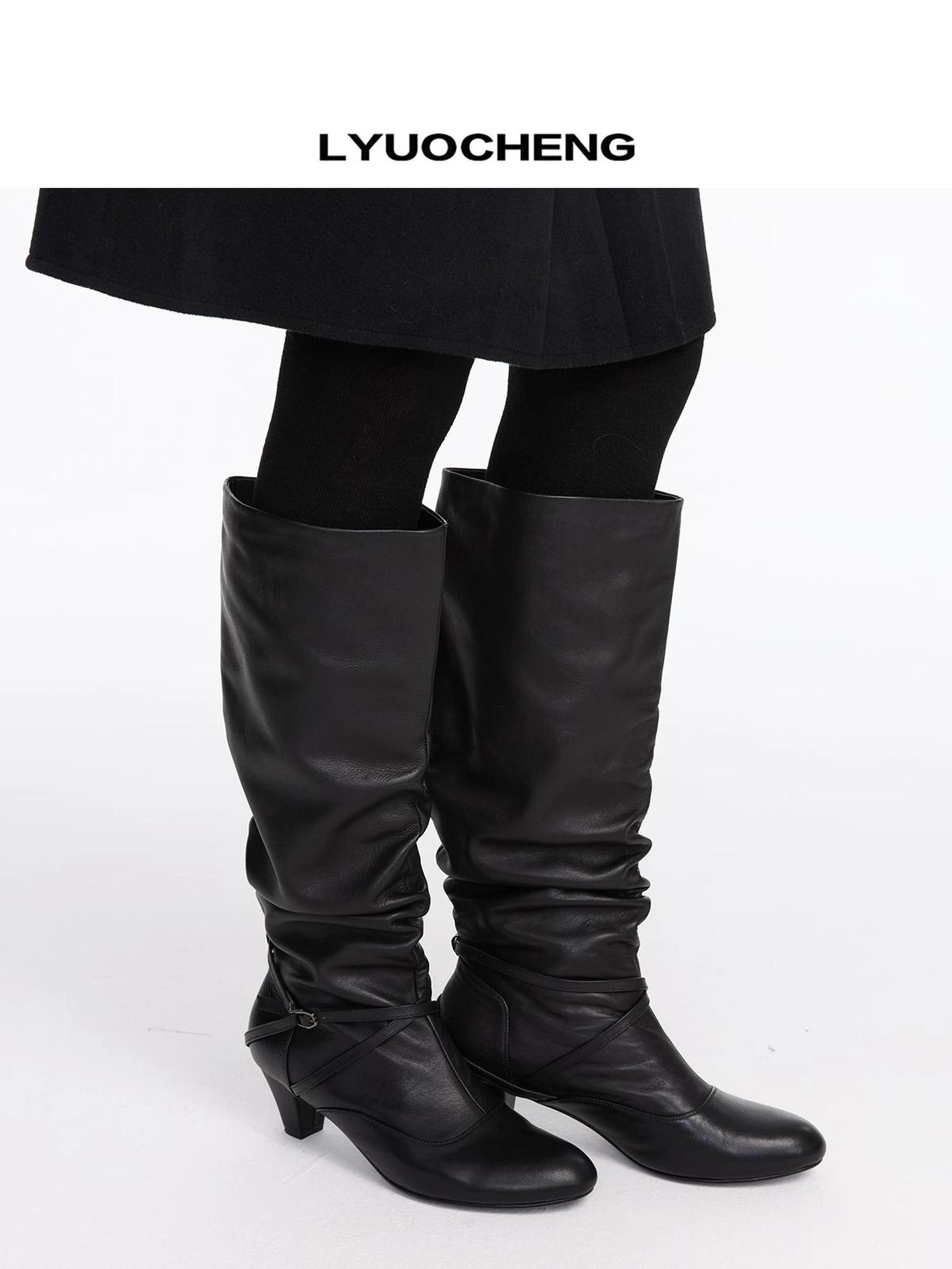 LYUOCHENG Stacked Fold Retro Round Toe Leather Mid Heel Boots