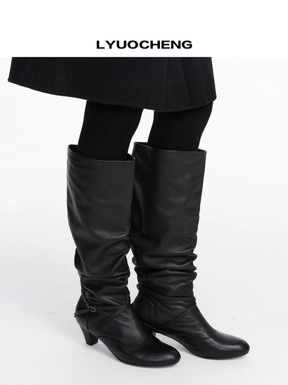 LYUOCHENG Stacked Fold Retro Round Toe Leather Mid Heel Boots