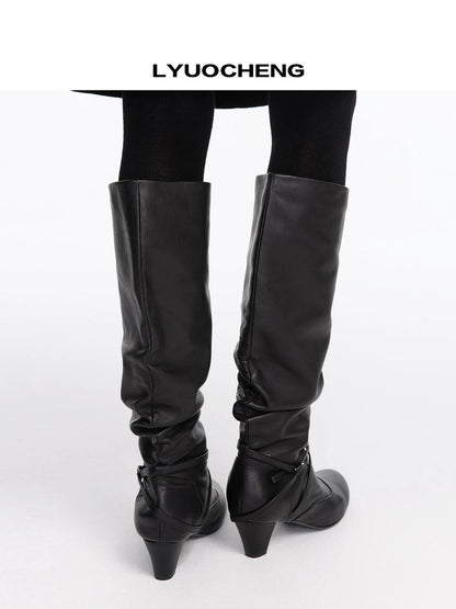 LYUOCHENG Stacked Fold Retro Round Toe Leather Mid Heel Boots