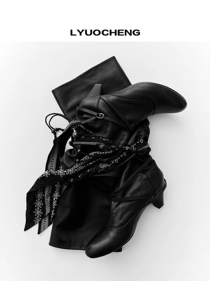 LYUOCHENG Stacked Fold Retro Round Toe Leather Mid Heel Boots