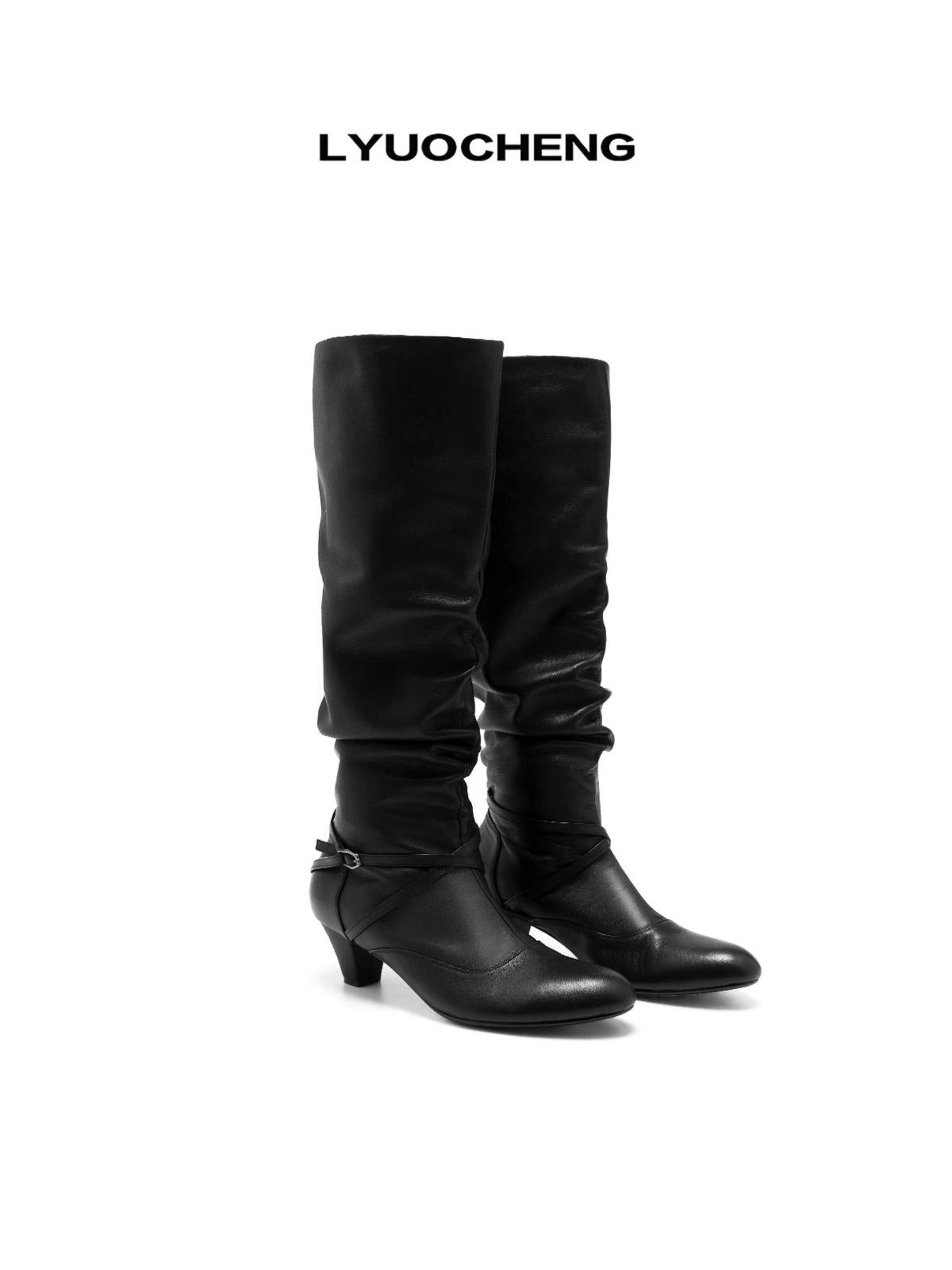LYUOCHENG Stacked Fold Retro Round Toe Leather Mid Heel Boots