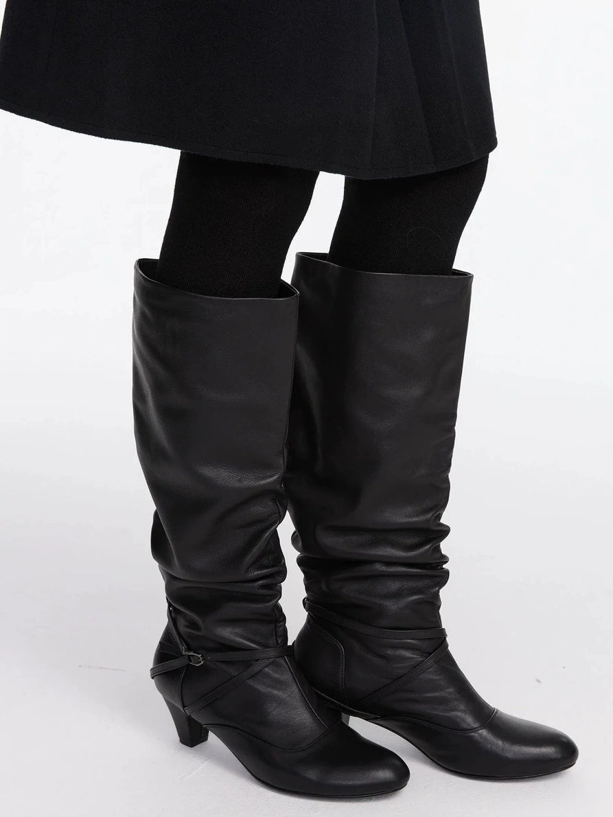 LYUOCHENG Stacked Fold Retro Round Toe Leather Mid Heel Boots