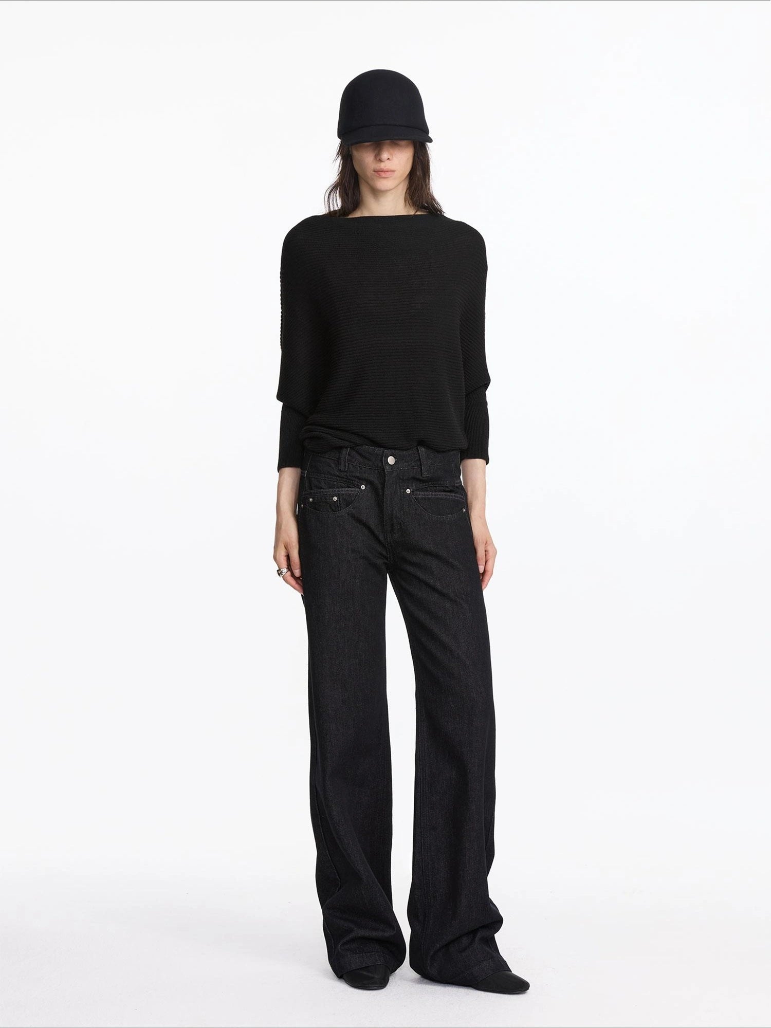 LYUOCHENG Straight Leg Black Denim Jeans With Smile Pockets