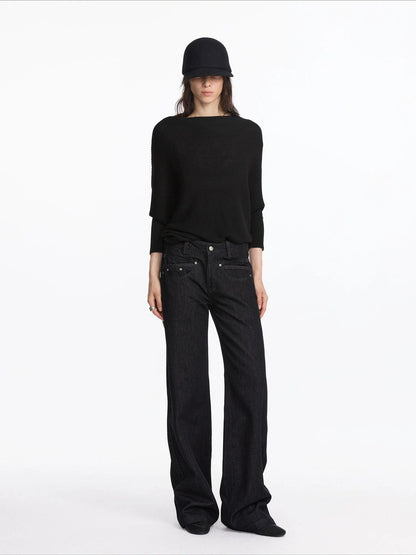 LYUOCHENG Straight Leg Black Denim Jeans With Smile Pockets