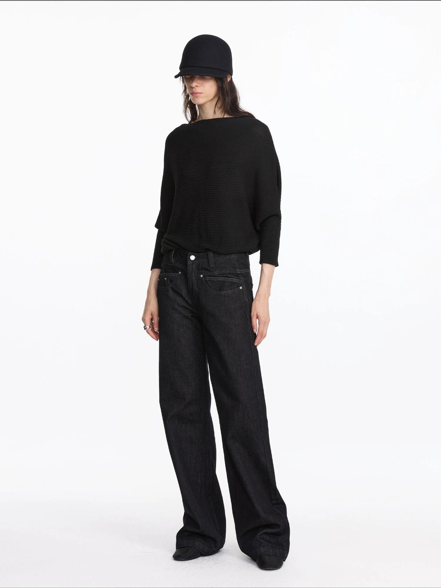 LYUOCHENG Straight Leg Black Denim Jeans With Smile Pockets