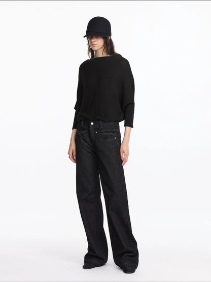 LYUOCHENG Straight Leg Black Denim Jeans With Smile Pockets