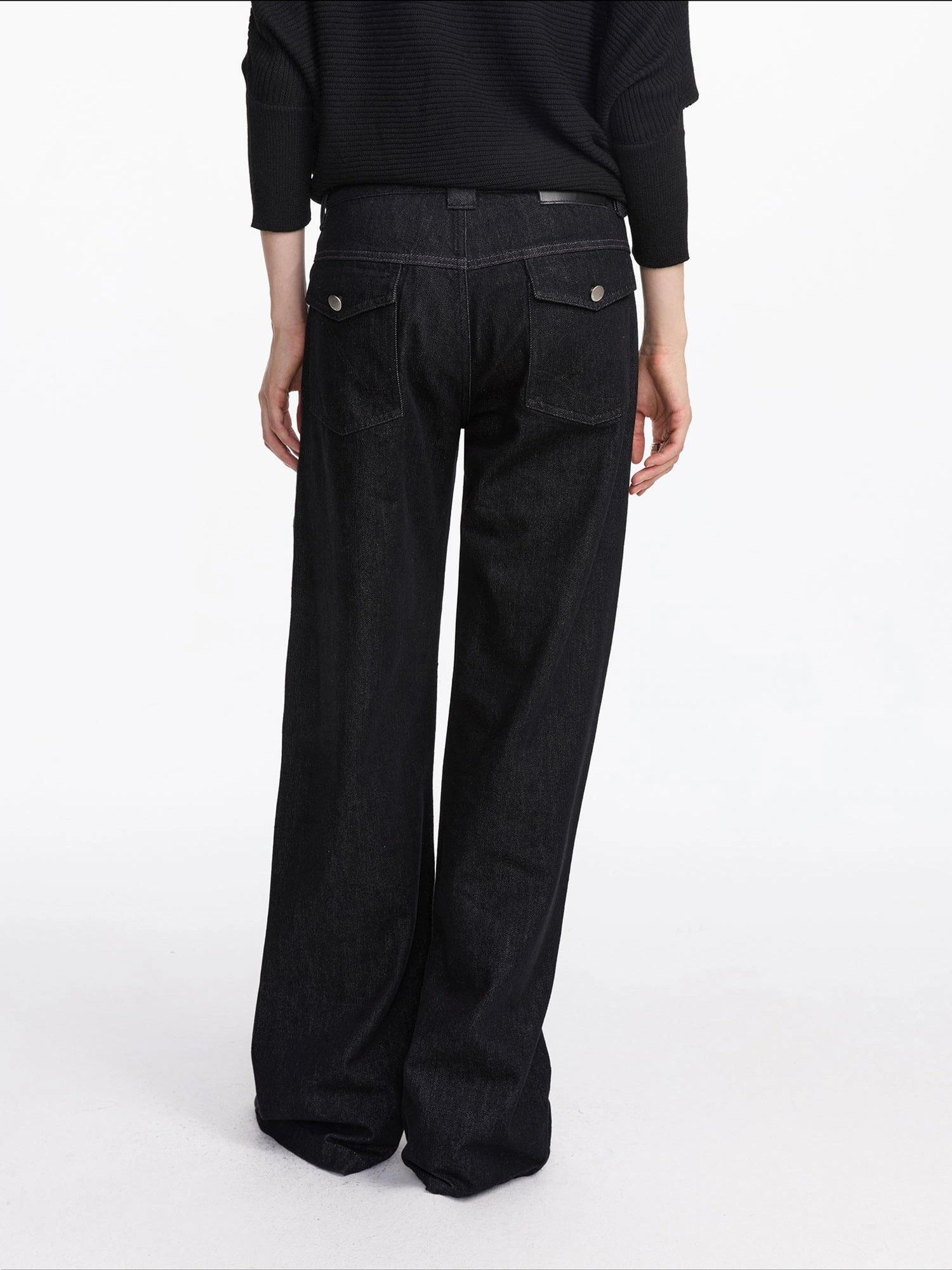 LYUOCHENG Straight Leg Black Denim Jeans With Smile Pockets