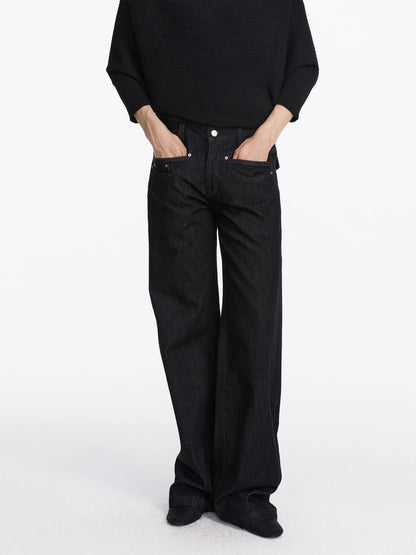 LYUOCHENG Straight Leg Black Denim Jeans With Smile Pockets
