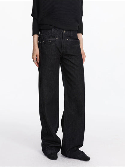 LYUOCHENG Straight Leg Black Denim Jeans With Smile Pockets