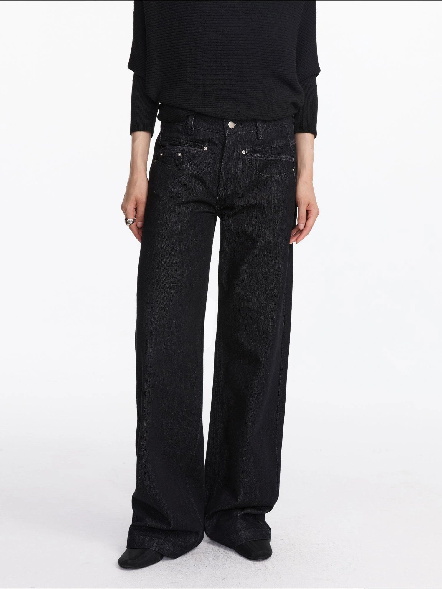 LYUOCHENG Straight Leg Black Denim Jeans With Smile Pockets