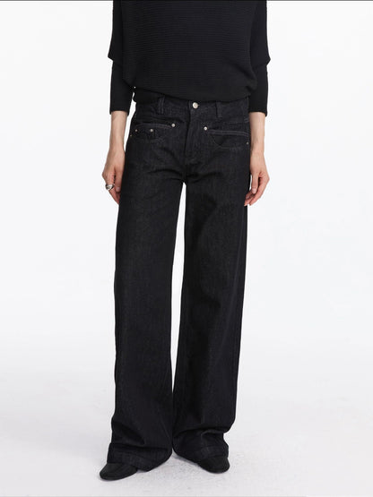 LYUOCHENG Straight Leg Black Denim Jeans With Smile Pockets