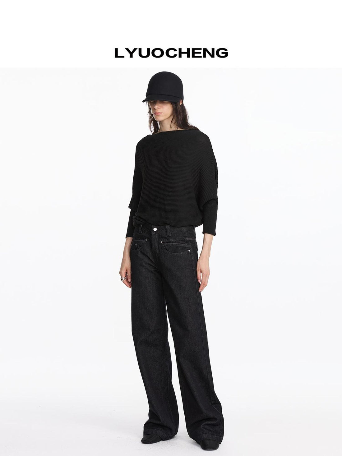 LYUOCHENG Straight Leg Black Denim Jeans With Smile Pockets