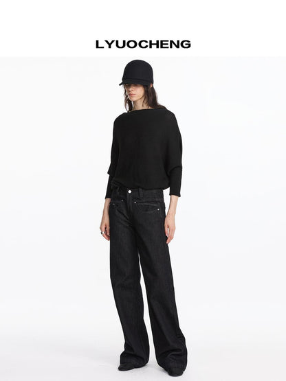 LYUOCHENG Straight Leg Black Denim Jeans With Smile Pockets