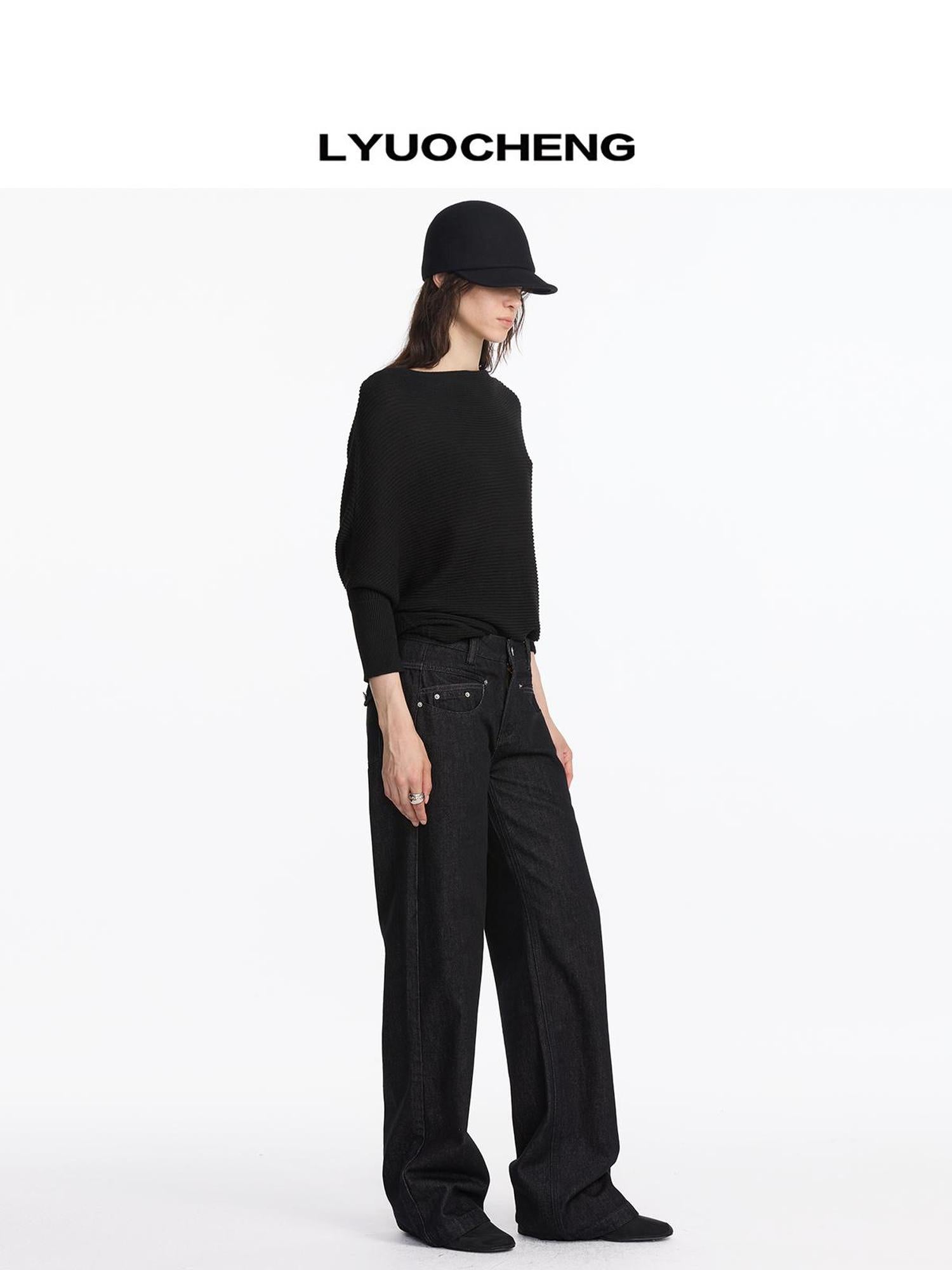 LYUOCHENG Straight Leg Black Denim Jeans With Smile Pockets