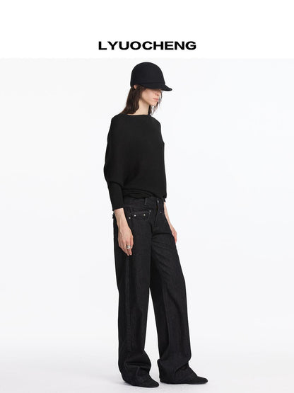LYUOCHENG Straight Leg Black Denim Jeans With Smile Pockets