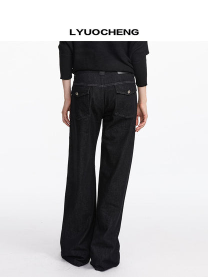 LYUOCHENG Straight Leg Black Denim Jeans With Smile Pockets