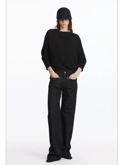 LYUOCHENG Straight Leg Black Denim Jeans With Smile Pockets