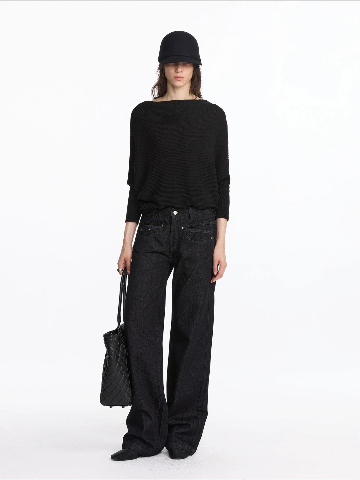 LYUOCHENG Straight Leg Black Denim Jeans With Smile Pockets