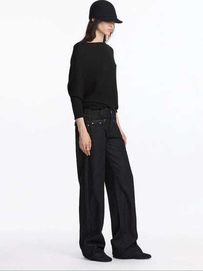 LYUOCHENG Straight Leg Black Denim Jeans With Smile Pockets