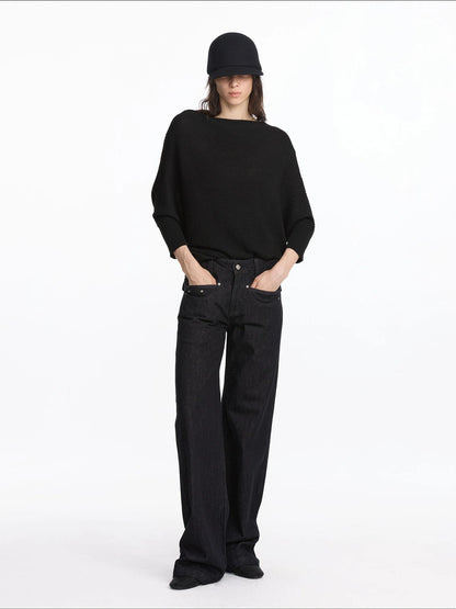 LYUOCHENG Straight Leg Black Denim Jeans With Smile Pockets