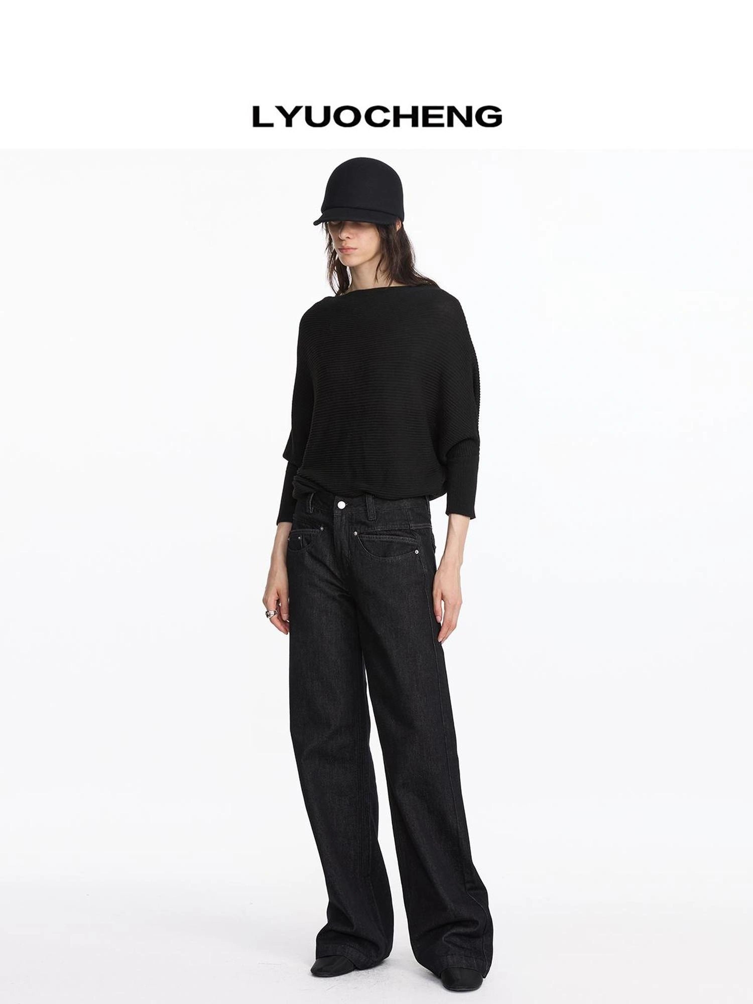 LYUOCHENG Straight Leg Black Raw Denim Jeans With Smile Pockets