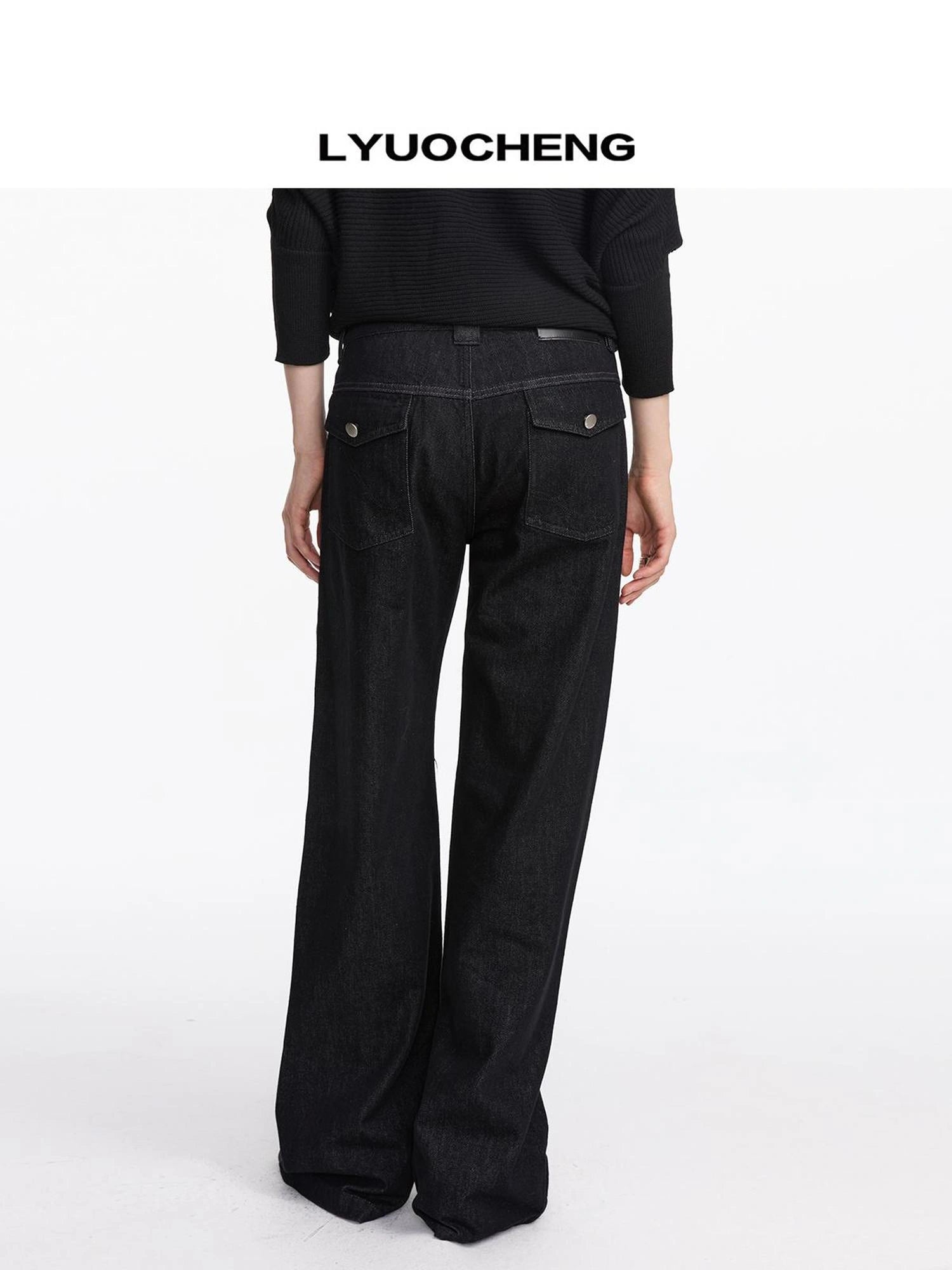 LYUOCHENG Straight Leg Black Raw Denim Jeans With Smile Pockets