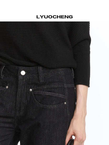 LYUOCHENG Straight Leg Black Raw Denim Jeans With Smile Pockets