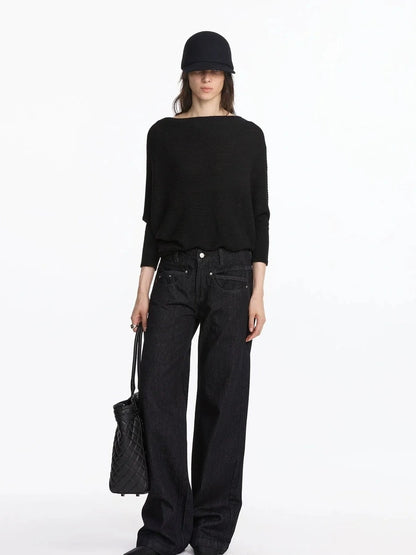 LYUOCHENG Straight Leg Black Raw Denim Jeans With Smile Pockets