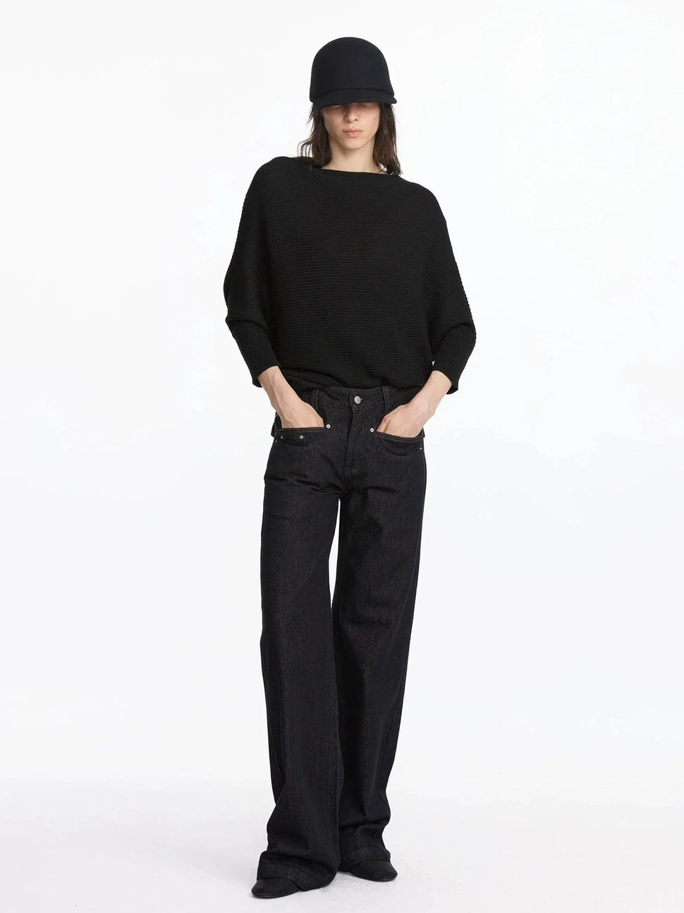 LYUOCHENG Straight Leg Black Raw Denim Jeans With Smile Pockets