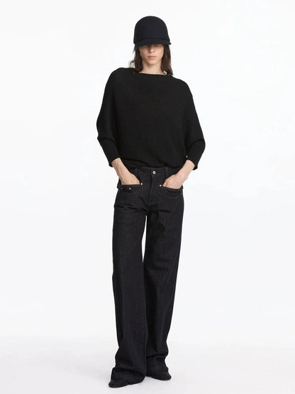 LYUOCHENG Straight Leg Black Raw Denim Jeans With Smile Pockets