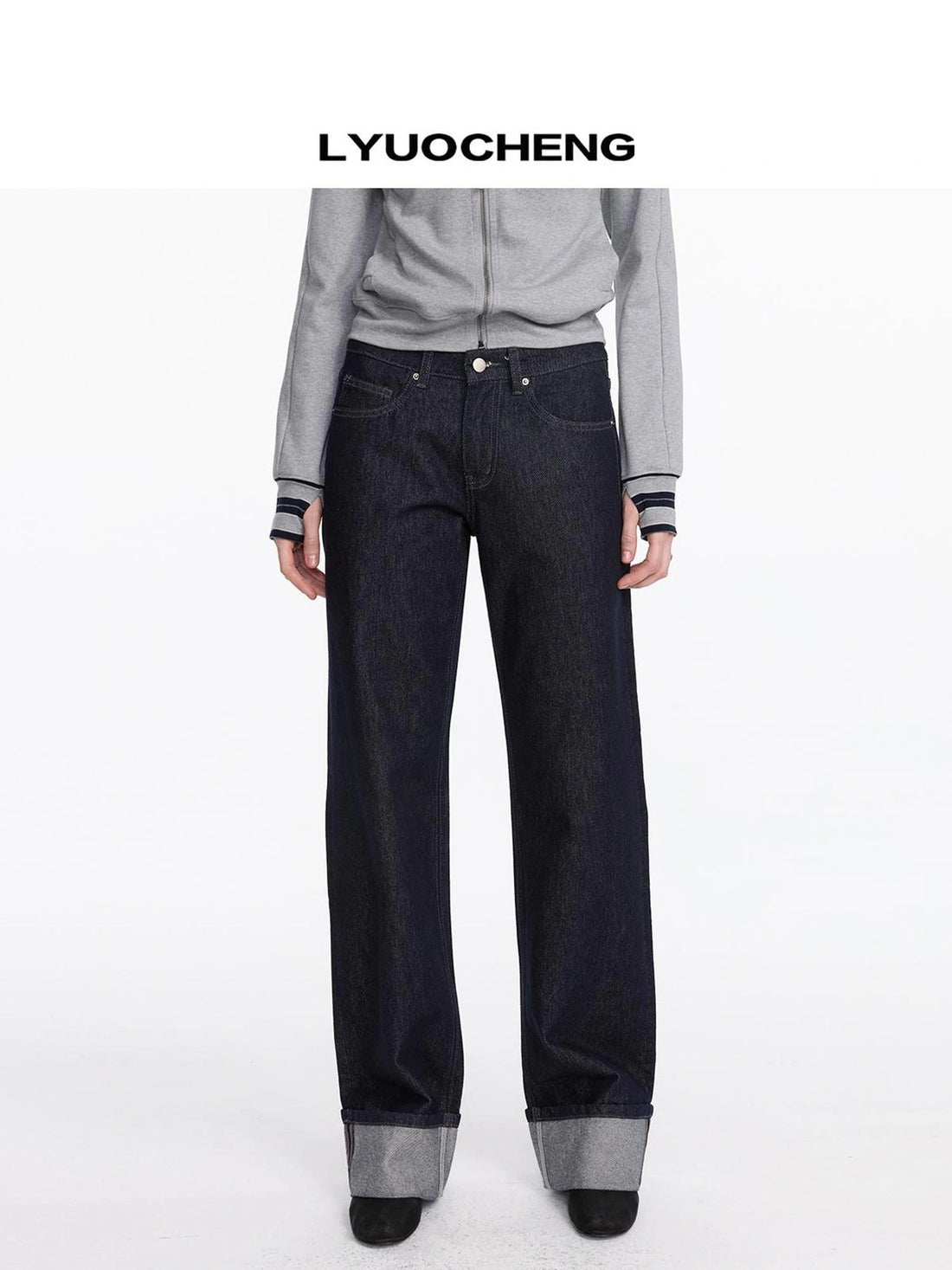 LYUOCHENG Straight Leg Cuffed Raw Denim Jeans